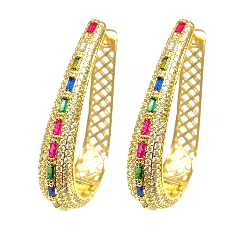 Laminated Gold Tone Hoop Earrings with‎ Rainbow & CZ Accents Statement Jewelry